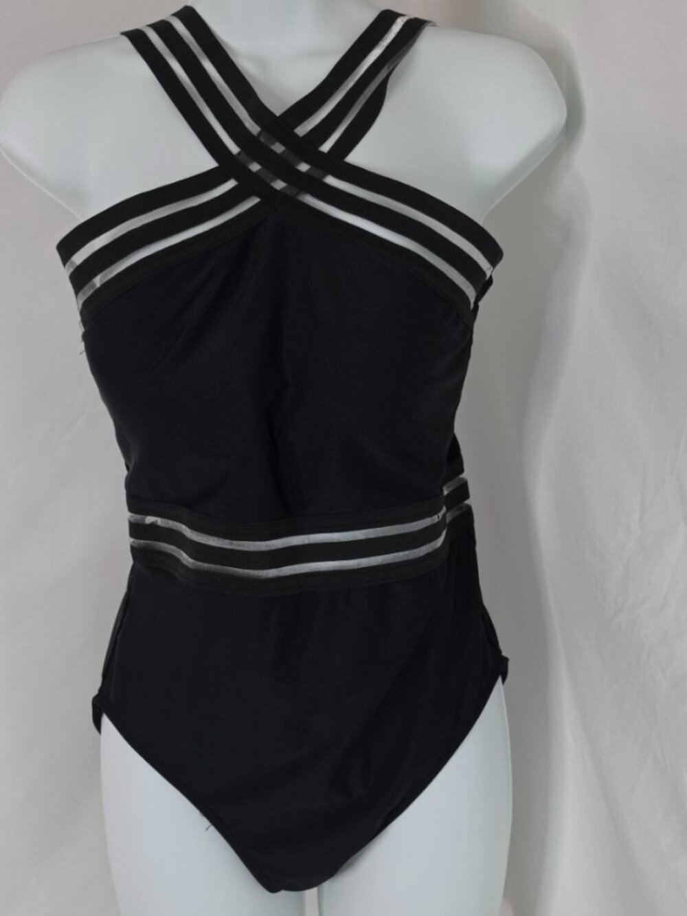 Emme Jordan Women’s Large Black One Piece Swimsuit Criss Cross Mesh Stripe